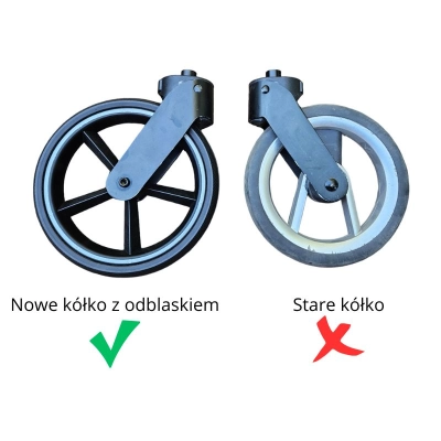 Wymiana kółek przednich ODBLASKOWYCH w wózku MUTSY NIO - montaż zamienników w widełkach - 2szt